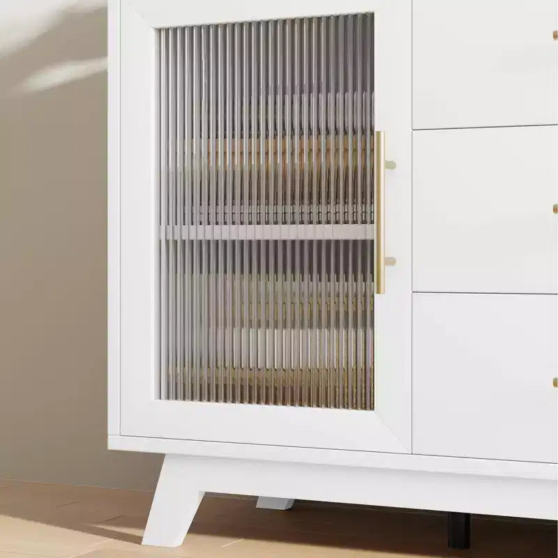 Buffet, meuble de rangement de cuisine avec 2 portes cannelées et 3 tiroirs, buffet de bar à café moderne avec étagère réglable pour salon et salle à manger