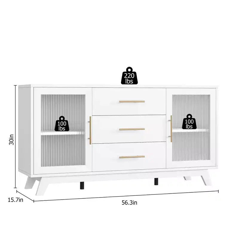 Buffet, meuble de rangement de cuisine avec 2 portes cannelées et 3 tiroirs, buffet de bar à café moderne avec étagère réglable pour salon et salle à manger