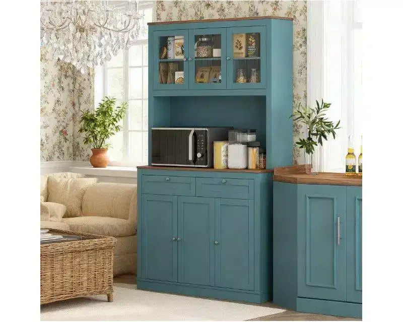 Okak Farmhouse Storage Kitchen Pantry Cabinet with 6 Doors & Microwave Stand,Accent Hutch Cabinet Bookcase for Living Room,Kitchen