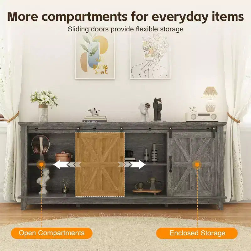 Meuble TV de ferme de 66 pouces pour téléviseurs de 75 pouces, console média avec porte de grange coulissante, prises de courant et placards de rangement réglables