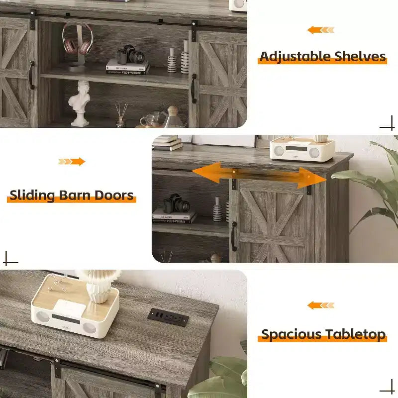 Meuble TV de ferme de 66 pouces pour téléviseurs de 75 pouces, console média avec porte de grange coulissante, prises de courant et placards de rangement réglables