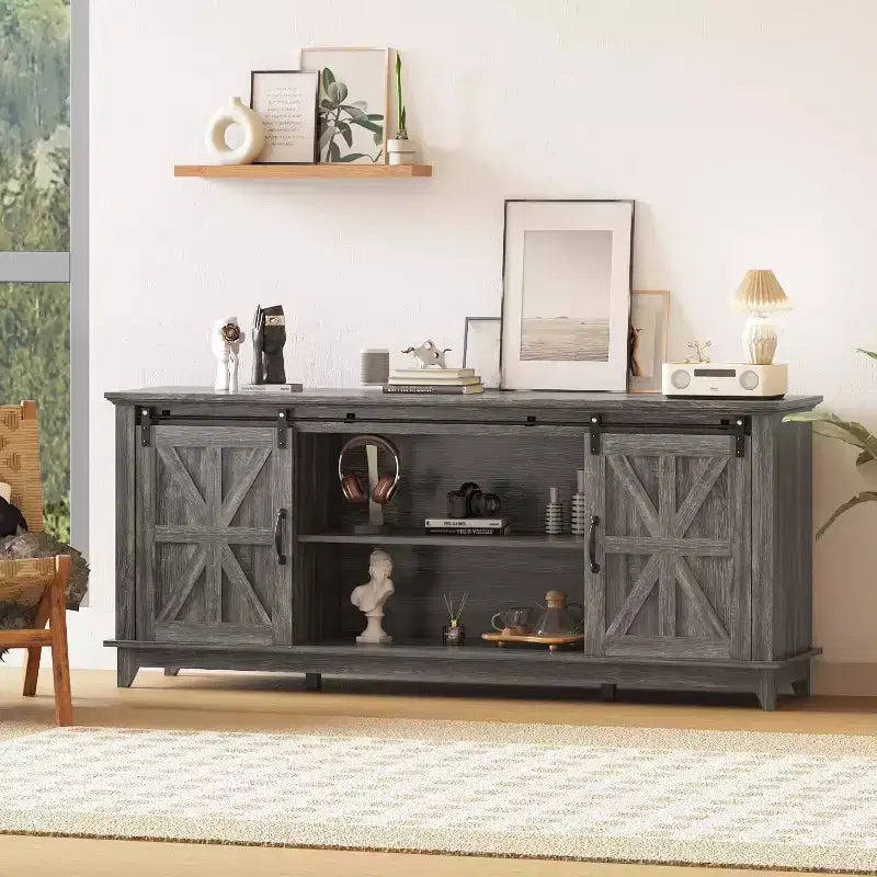 66 inch Farmhouse TV Stand for 75 Inch TVs, Media Console with Sliding Barn Door, Power Outlets & Adjustable Storage Cabinets