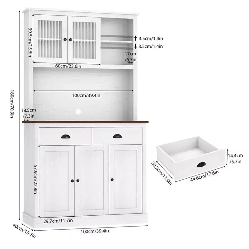 Meuble de rangement pour garde-manger de cuisine 71", buffet autoportant en bois avec support micro-ondes et 2 tiroirs, huche de cuisine pour salle à manger/salon