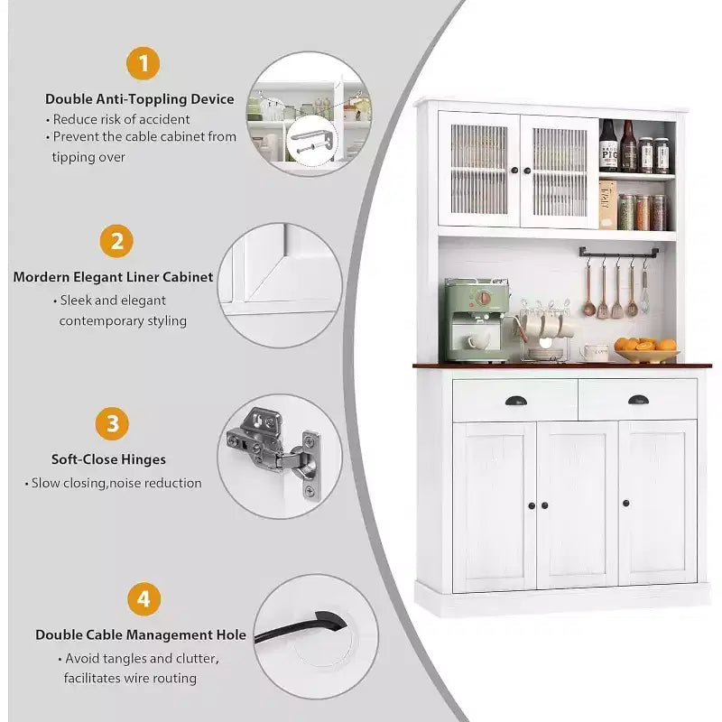 Meuble de rangement pour garde-manger de cuisine 71", buffet autoportant en bois avec support micro-ondes et 2 tiroirs, huche de cuisine pour salle à manger/salon