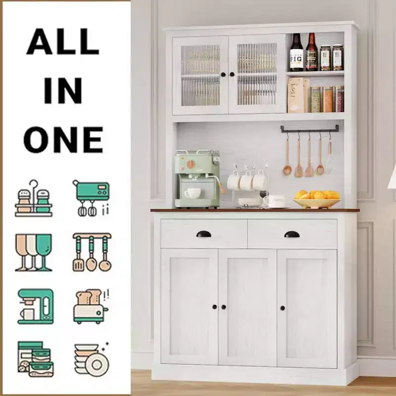 Meuble de rangement pour garde-manger de cuisine 71", buffet autoportant en bois avec support micro-ondes et 2 tiroirs, huche de cuisine pour salle à manger/salon