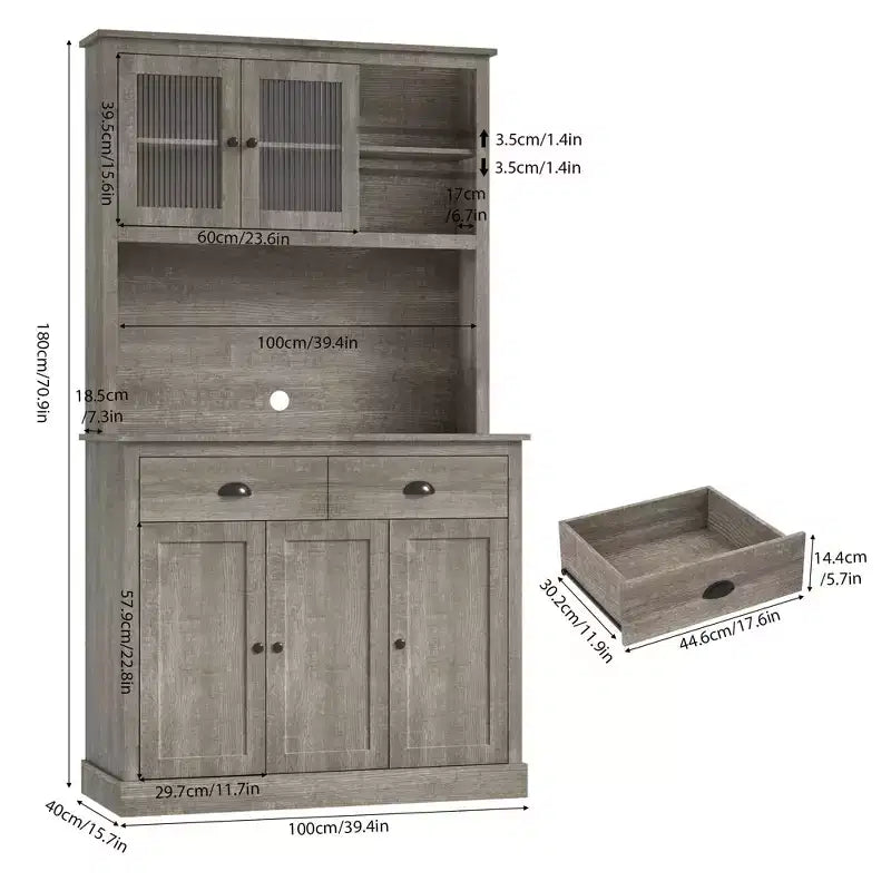 Meuble de rangement pour garde-manger de cuisine 71", buffet autoportant en bois avec support micro-ondes et 2 tiroirs, huche de cuisine pour salle à manger/salon