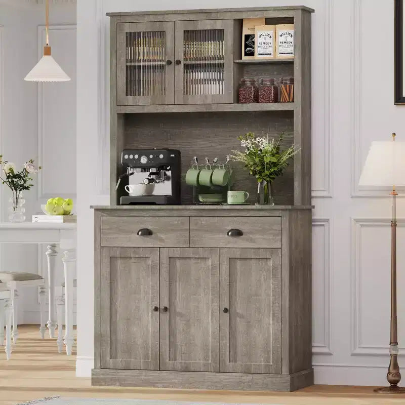 Meuble de rangement pour garde-manger de cuisine 71", buffet autoportant en bois avec support micro-ondes et 2 tiroirs, huche de cuisine pour salle à manger/salon