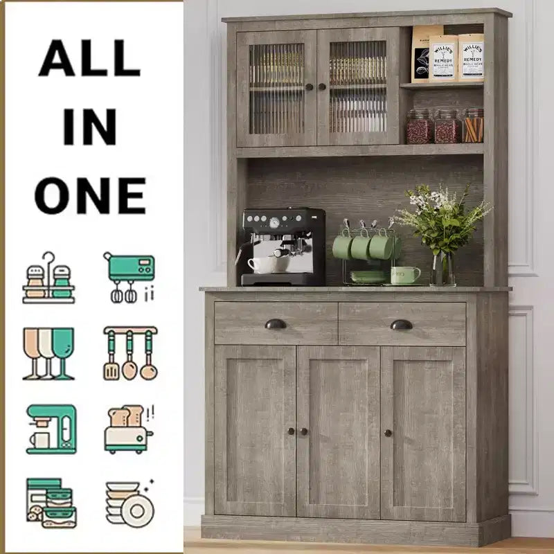 Meuble de rangement pour garde-manger de cuisine 71", buffet autoportant en bois avec support micro-ondes et 2 tiroirs, huche de cuisine pour salle à manger/salon