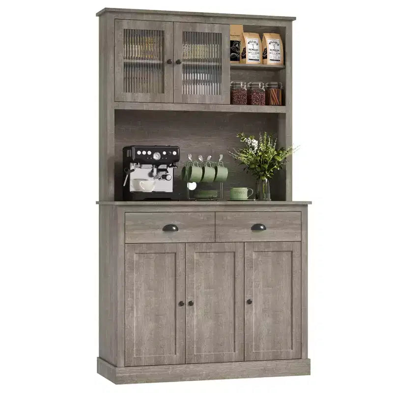 Meuble de rangement pour garde-manger de cuisine 71", buffet autoportant en bois avec support micro-ondes et 2 tiroirs, huche de cuisine pour salle à manger/salon
