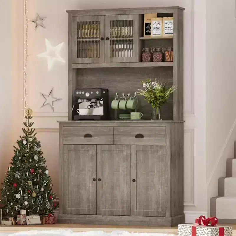 71 Kitchen Pantry Storage Cabinet, Wood Freestanding Buffet Cabinet w/Microwave Stand & 2 Drawers, Kitchen Hutch for Dining Living Room