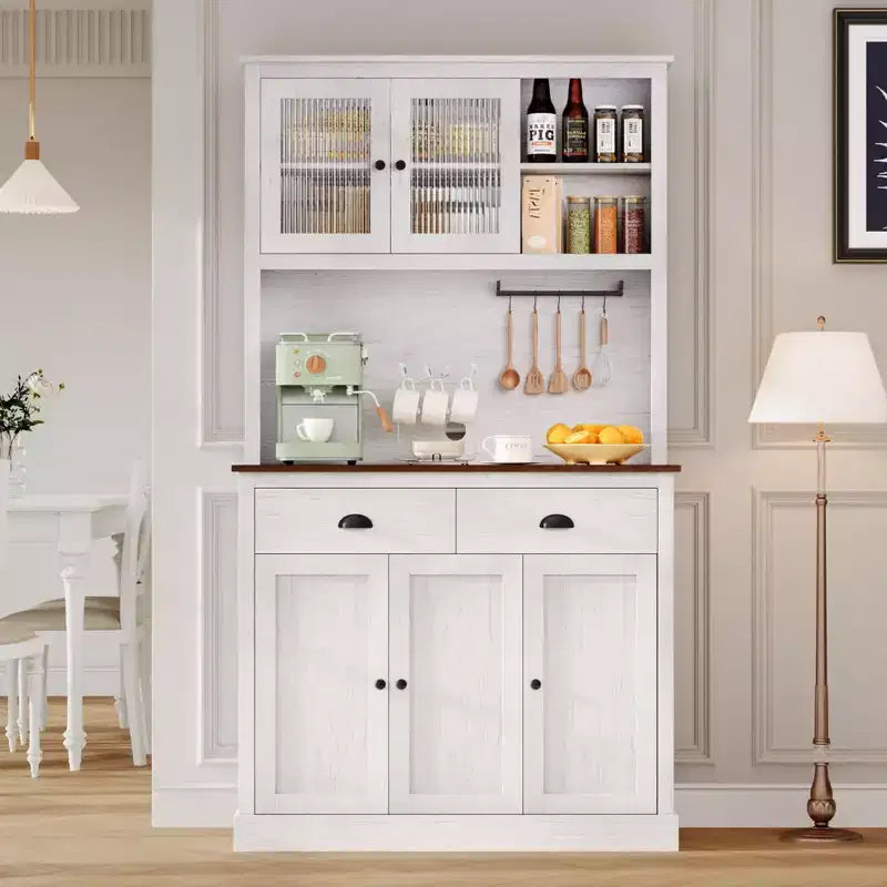 Meuble de rangement pour garde-manger de cuisine 71", buffet autoportant en bois avec support micro-ondes et 2 tiroirs, huche de cuisine pour salle à manger/salon