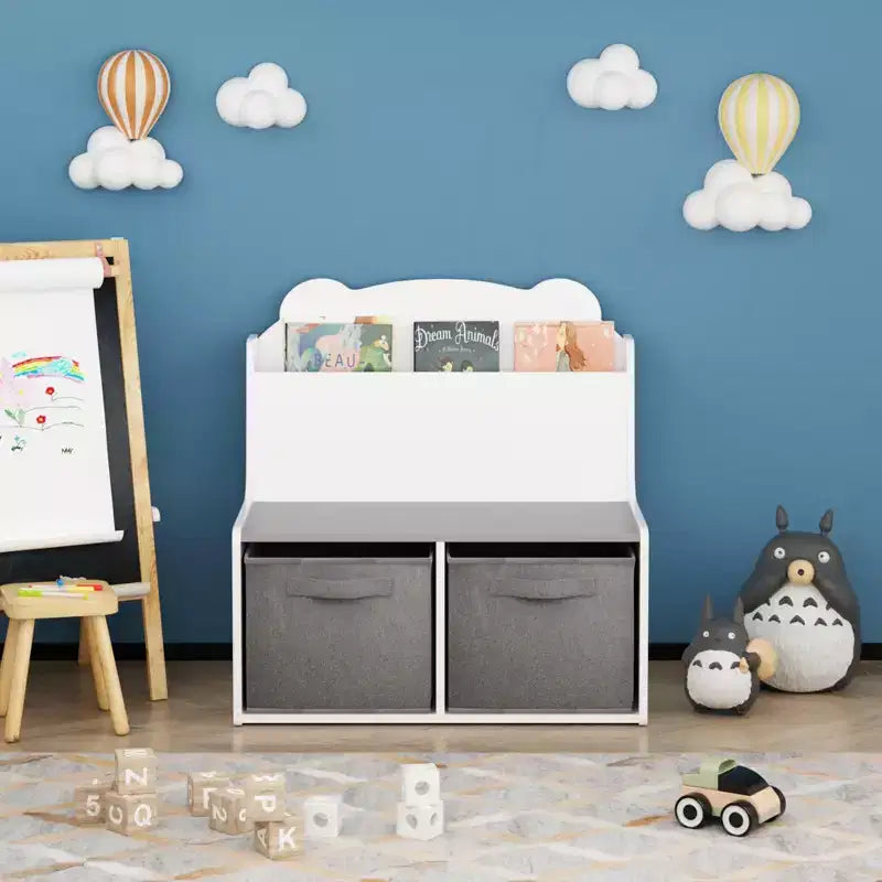 Kids Bookshelf with Storage Bins  Wooden Bookcase with Book Display Shelf and 2 Fabric Bins, Cute Bear-Shaped Backboard, Toy Organizer for Toddlers