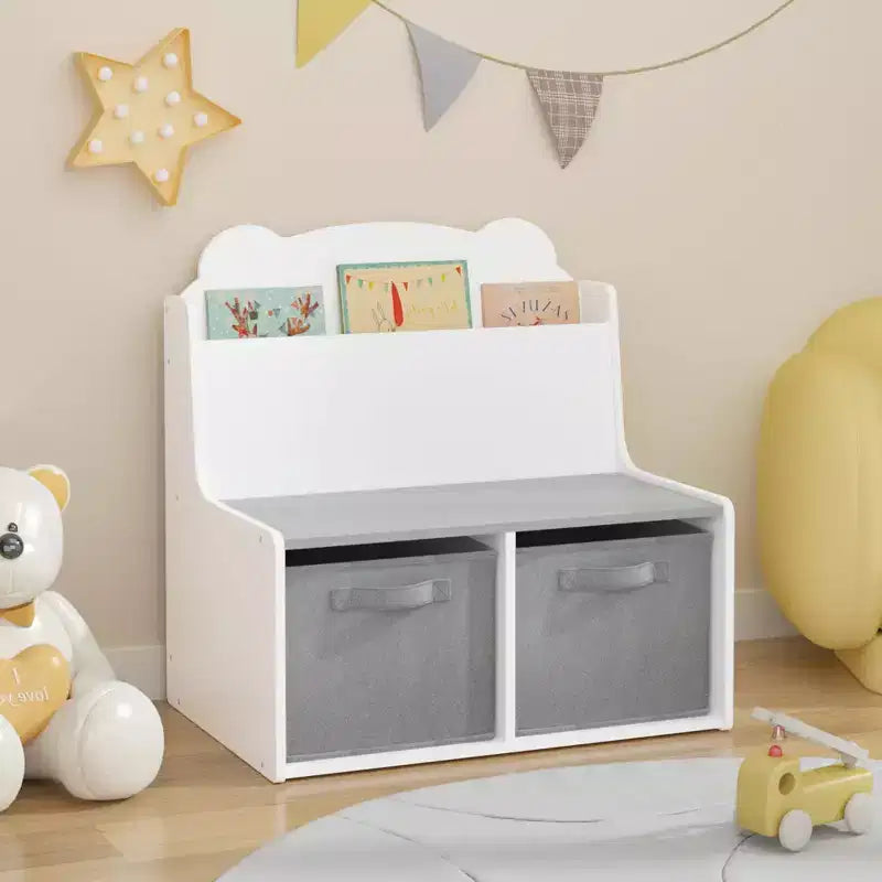 Étagère à livres pour enfants avec bacs de rangement Bibliothèque en bois avec étagère d'affichage et 2 bacs en tissu, panneau arrière en forme d'ours mignon, organisateur de jouets pour tout-petits