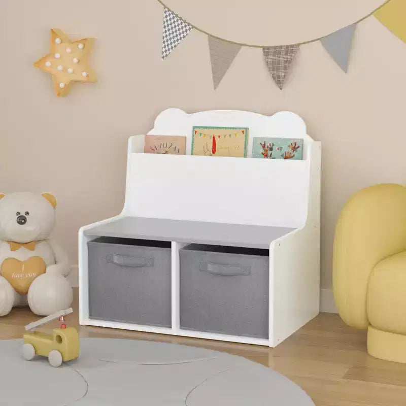Étagère à livres pour enfants avec bacs de rangement Bibliothèque en bois avec étagère d'affichage et 2 bacs en tissu, panneau arrière en forme d'ours mignon, organisateur de jouets pour tout-petits