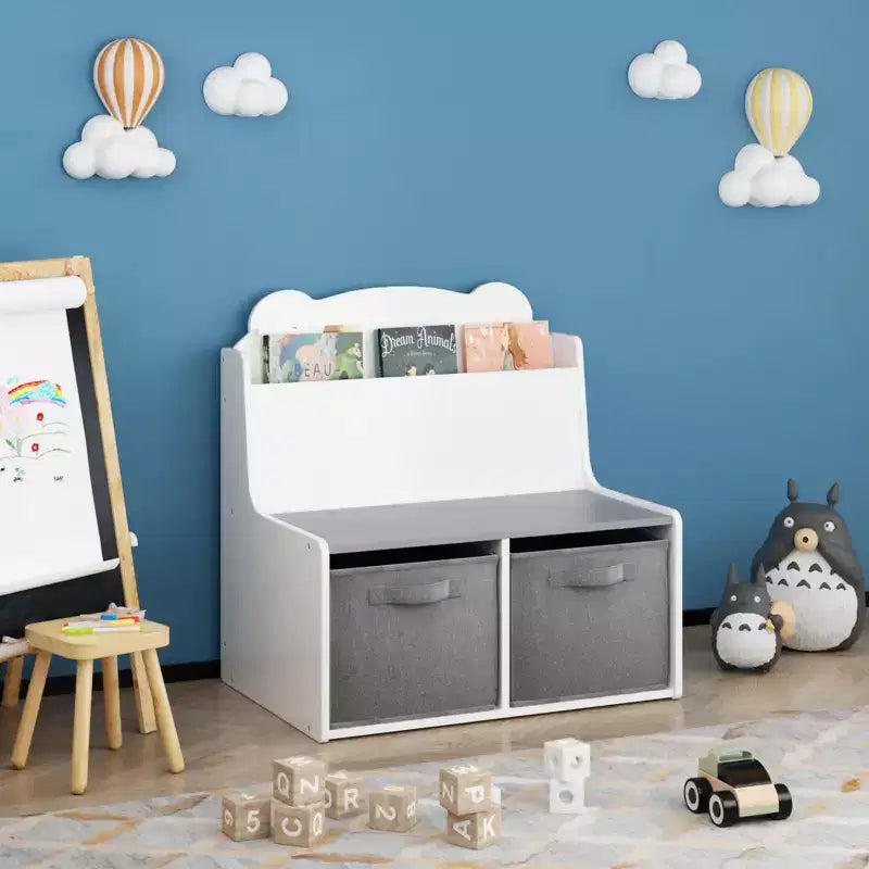 Étagère à livres pour enfants avec bacs de rangement Bibliothèque en bois avec étagère d'affichage et 2 bacs en tissu, panneau arrière en forme d'ours mignon, organisateur de jouets pour tout-petits
