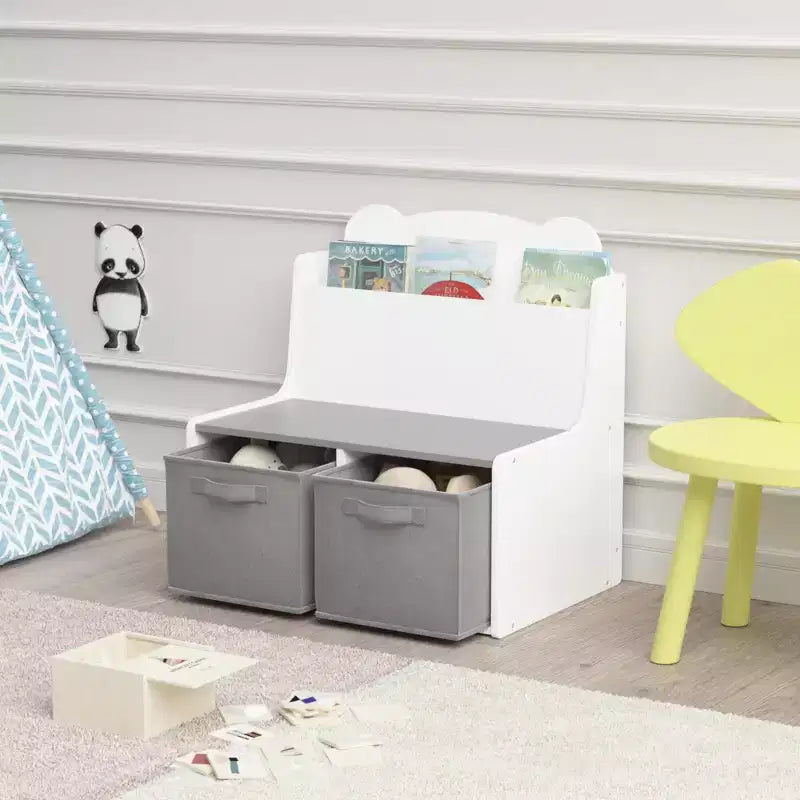 Étagère à livres pour enfants avec bacs de rangement Bibliothèque en bois avec étagère d'affichage et 2 bacs en tissu, panneau arrière en forme d'ours mignon, organisateur de jouets pour tout-petits