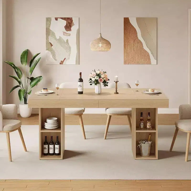 63-Inch Rectangular Dining Table for 6, Wood Construction, Double Pedestal Base with Dual-Sided Storage, Expansive Surface, Reinforced Frame