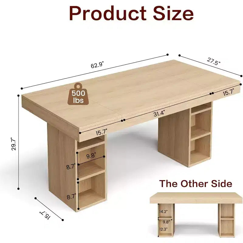Table à manger rectangulaire de 160 cm pour 6 personnes, construction en bois, base à double piédestal avec rangement bilatéral, surface spacieuse, cadre renforcé