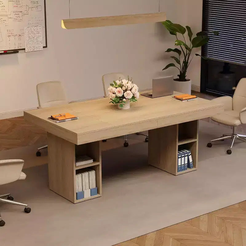 Table à manger rectangulaire de 160 cm pour 6 personnes, construction en bois, base à double piédestal avec rangement bilatéral, surface spacieuse, cadre renforcé