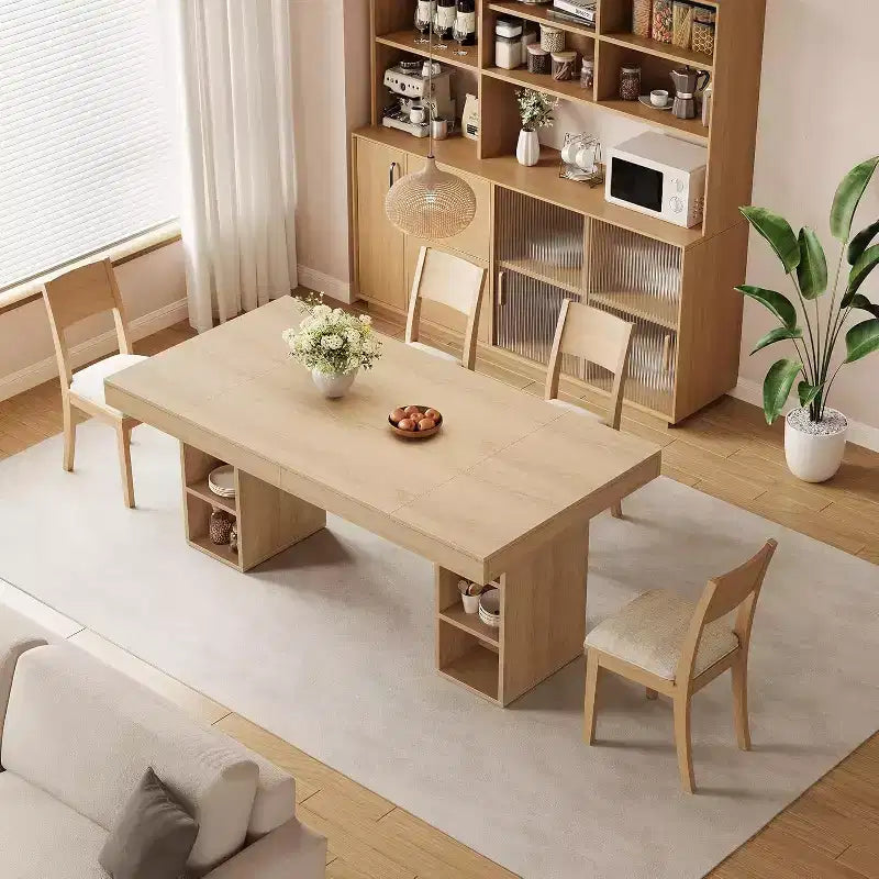 Table à manger rectangulaire de 160 cm pour 6 personnes, construction en bois, base à double piédestal avec rangement bilatéral, surface spacieuse, cadre renforcé
