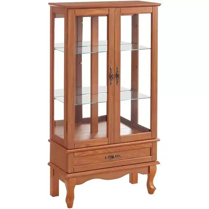 Meuble vitrine éclairé pour bureau à domicile, Vitrine avec portes vitrées et lumières, Vitrine à vin avec étagères en verre réglables, 2 portes et 2 tiroirs