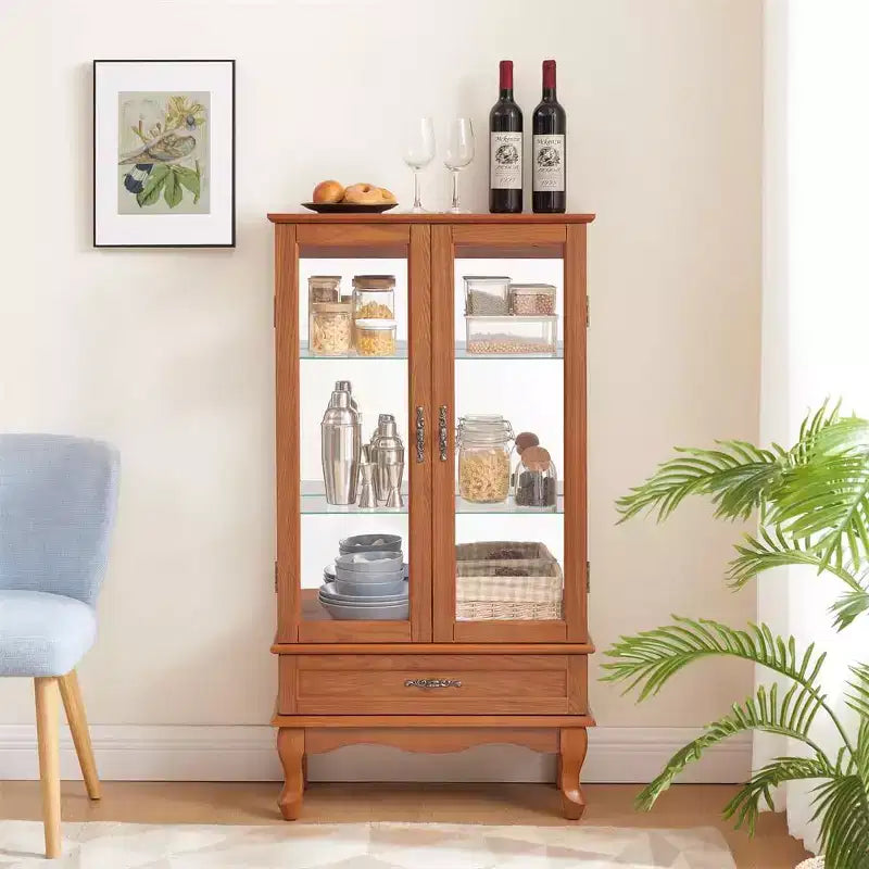 Meuble vitrine éclairé pour bureau à domicile, Vitrine avec portes vitrées et lumières, Vitrine à vin avec étagères en verre réglables, 2 portes et 2 tiroirs