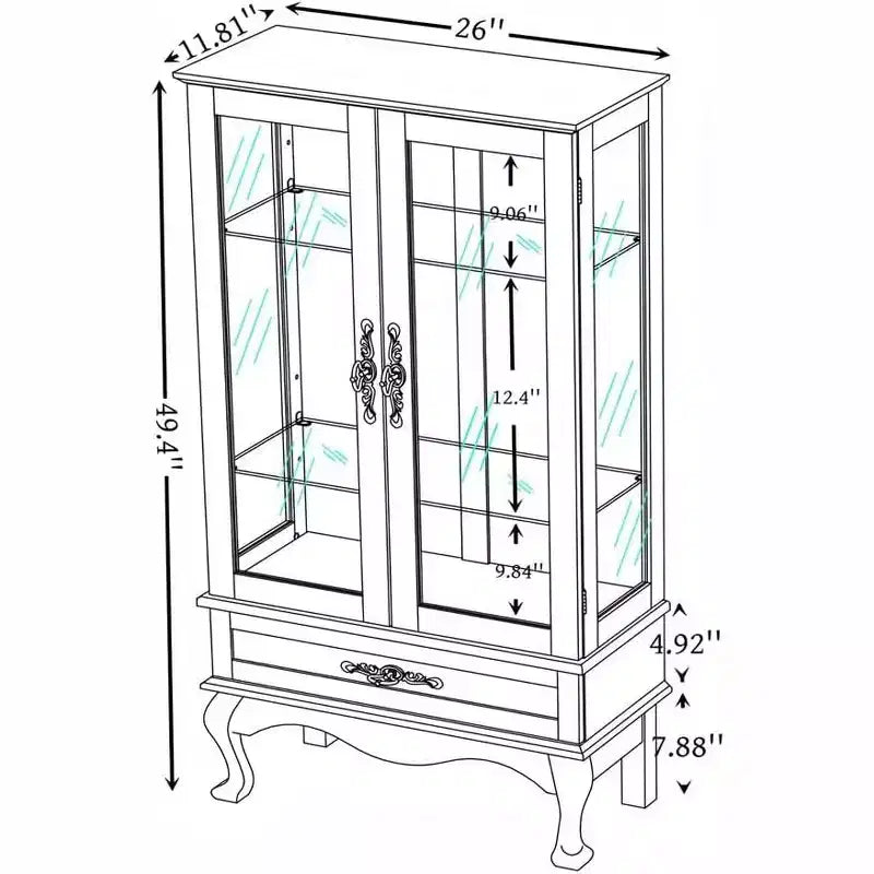 Meuble vitrine éclairé pour bureau à domicile, Vitrine avec portes vitrées et lumières, Vitrine à vin avec étagères en verre réglables, 2 portes et 2 tiroirs