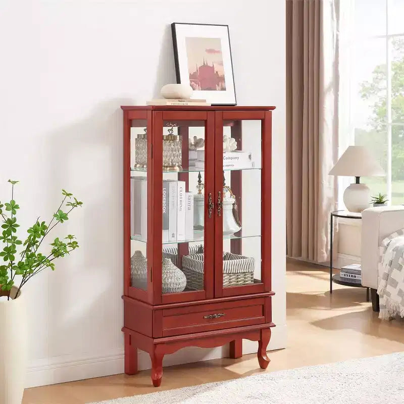 Meuble vitrine éclairé pour bureau à domicile, Vitrine avec portes vitrées et lumières, Vitrine à vin avec étagères en verre réglables, 2 portes et 2 tiroirs