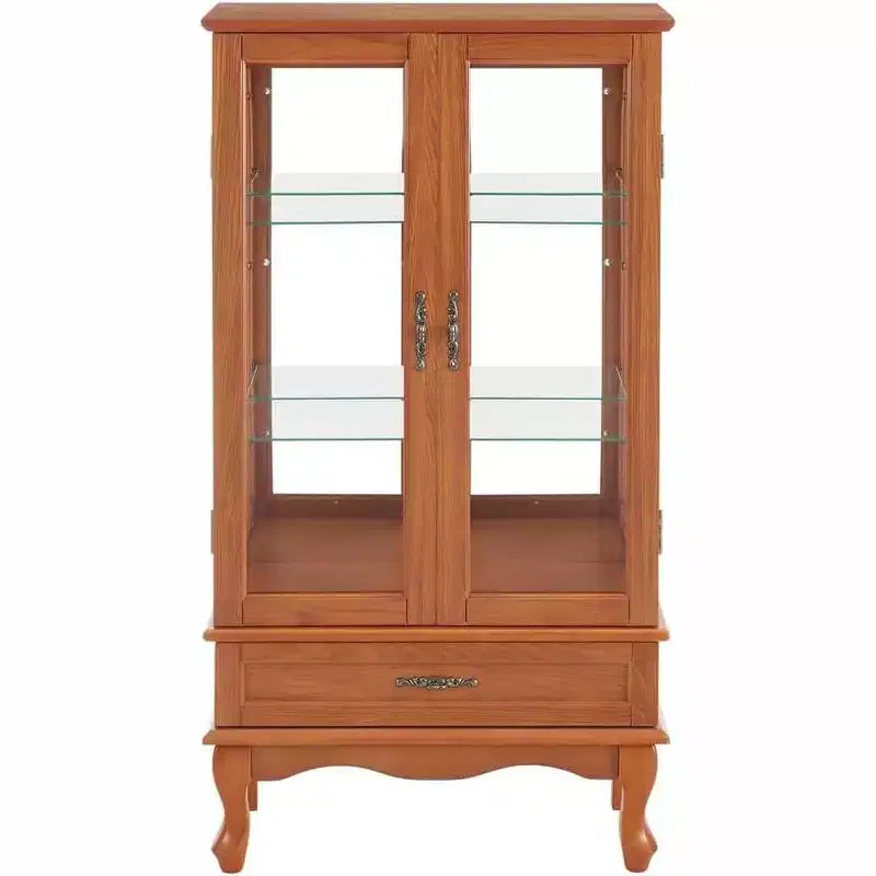 Meuble vitrine éclairé pour bureau à domicile, Vitrine avec portes vitrées et lumières, Vitrine à vin avec étagères en verre réglables, 2 portes et 2 tiroirs