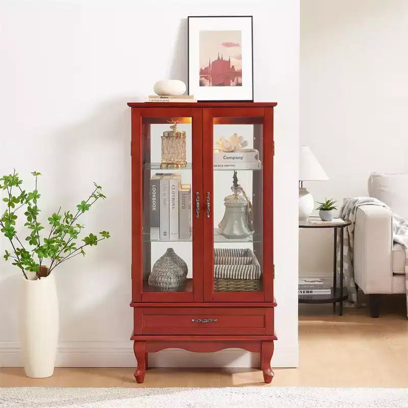 Lighted Glass Cabinet for Home Office, Display Cabinet with Glass Doors and Lights, Wine Cabinet with Adjustable Glass Shelves, 2 Doors, and 2 Drawer