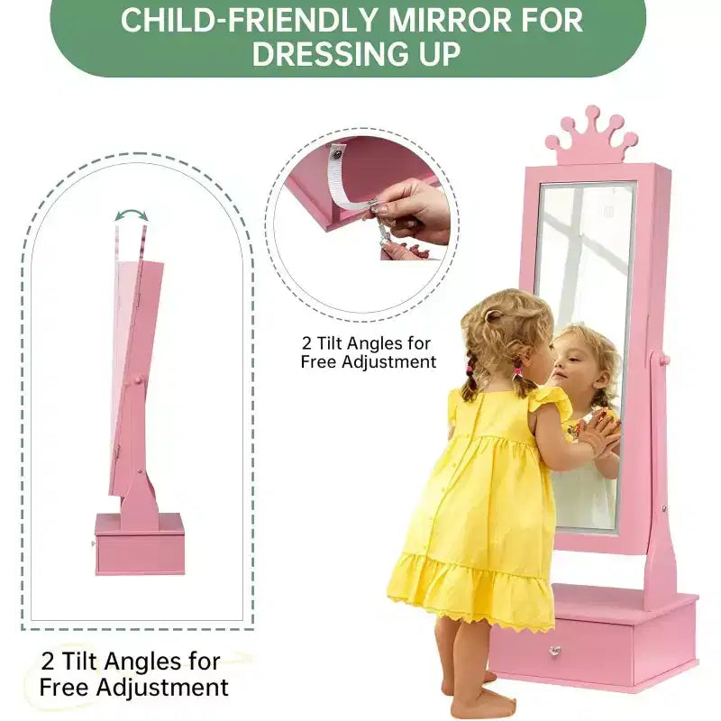 Meuble à bijoux pour enfants avec miroir pleine longueur à LED, coiffeuse de princesse autoportante avec tiroirs et organiseur à bijoux, armoire avec lumières pour les filles qui se déguisent