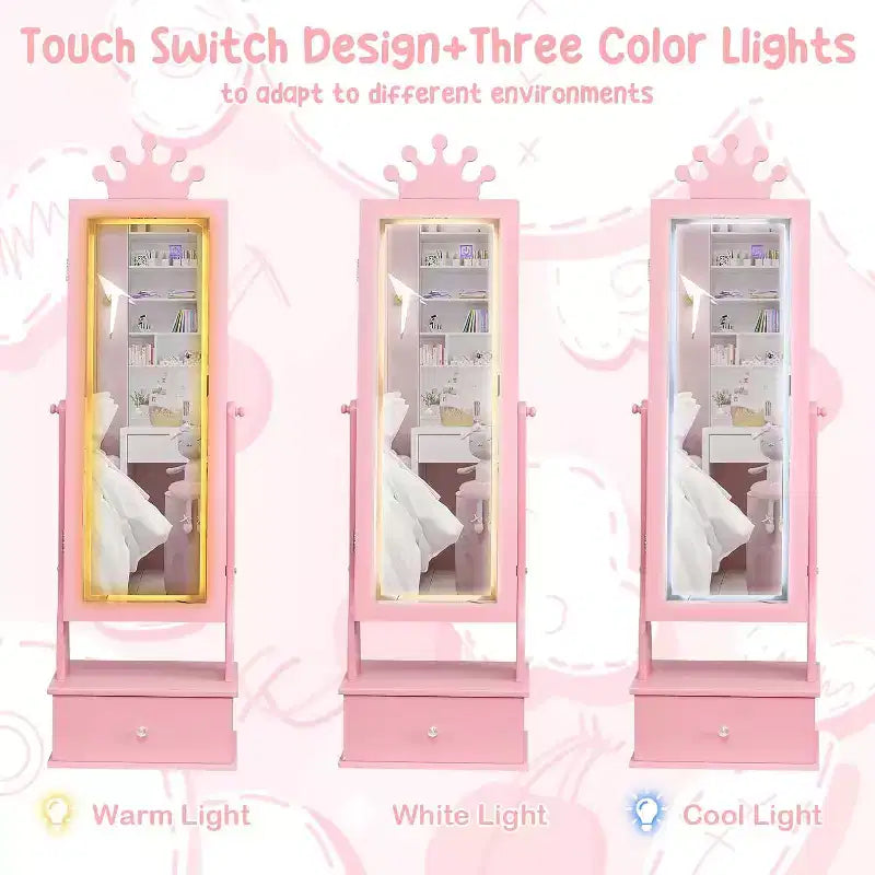 Meuble à bijoux pour enfants avec miroir pleine longueur à LED, coiffeuse de princesse autoportante avec tiroirs et organiseur à bijoux, armoire avec lumières pour les filles qui se déguisent