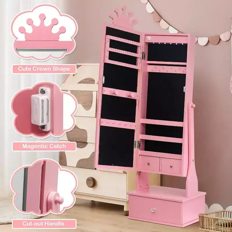Meuble à bijoux pour enfants avec miroir pleine longueur à LED, coiffeuse de princesse autoportante avec tiroirs et organiseur à bijoux, armoire avec lumières pour les filles qui se déguisent