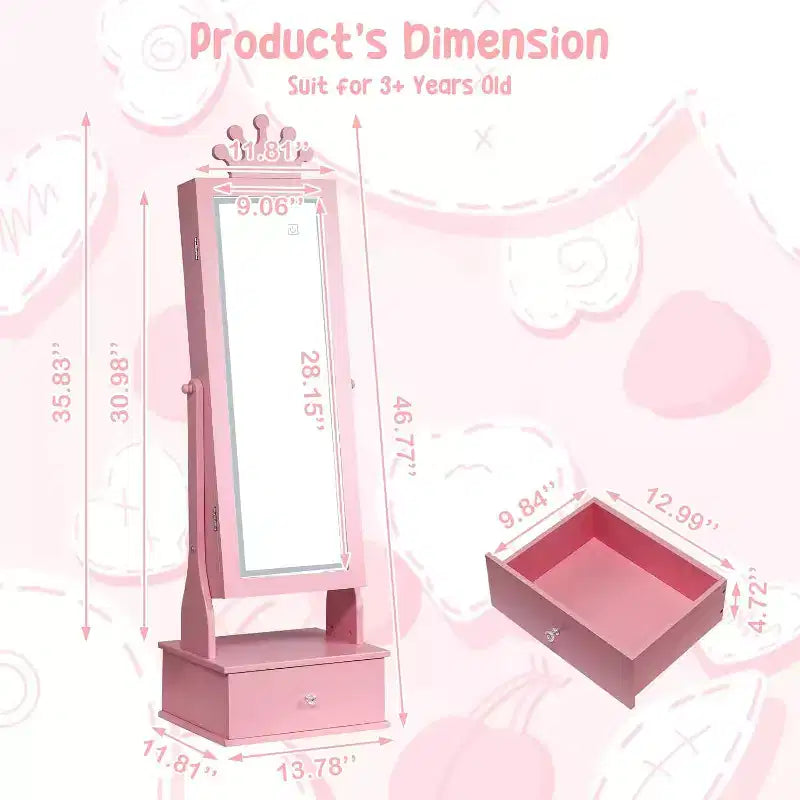Meuble à bijoux pour enfants avec miroir pleine longueur à LED, coiffeuse de princesse autoportante avec tiroirs et organiseur à bijoux, armoire avec lumières pour les filles qui se déguisent
