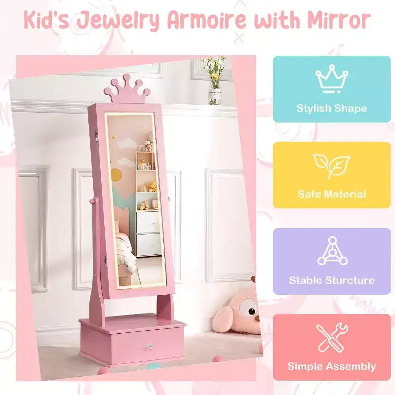 Meuble à bijoux pour enfants avec miroir pleine longueur à LED, coiffeuse de princesse autoportante avec tiroirs et organiseur à bijoux, armoire avec lumières pour les filles qui se déguisent