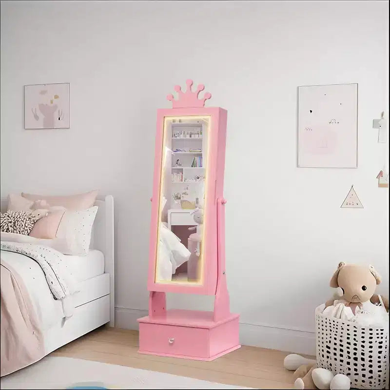 Meuble à bijoux pour enfants avec miroir pleine longueur à LED, coiffeuse de princesse autoportante avec tiroirs et organiseur à bijoux, armoire avec lumières pour les filles qui se déguisent