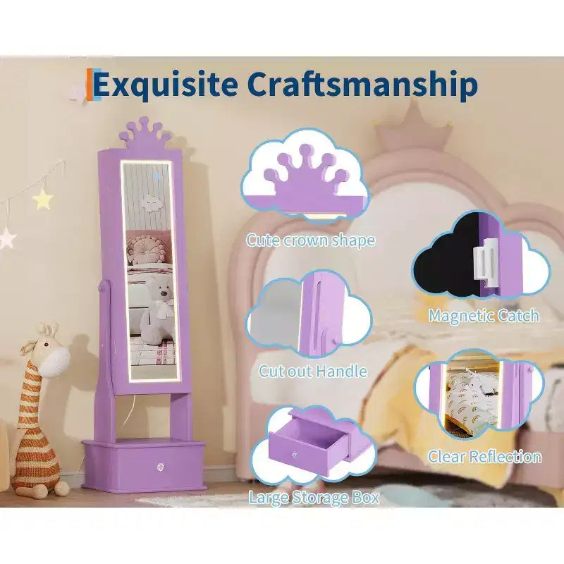 Meuble à bijoux pour enfants avec miroir pleine longueur à LED, coiffeuse de princesse autoportante avec tiroirs et organiseur à bijoux, armoire avec lumières pour les filles qui se déguisent