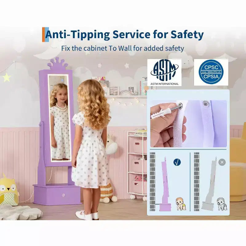 Meuble à bijoux pour enfants avec miroir pleine longueur à LED, coiffeuse de princesse autoportante avec tiroirs et organiseur à bijoux, armoire avec lumières pour les filles qui se déguisent