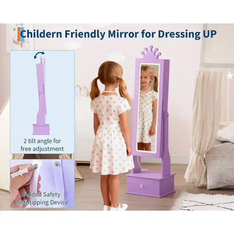 Meuble à bijoux pour enfants avec miroir pleine longueur à LED, coiffeuse de princesse autoportante avec tiroirs et organiseur à bijoux, armoire avec lumières pour les filles qui se déguisent