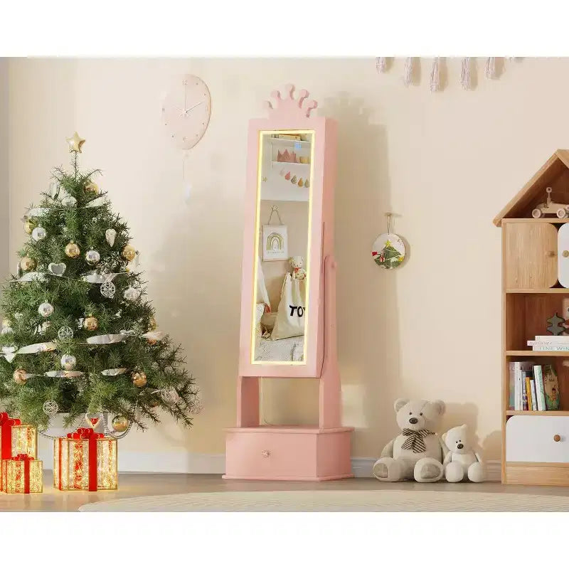 Meuble à bijoux pour enfants avec miroir pleine longueur à LED, coiffeuse de princesse autoportante avec tiroirs et organiseur à bijoux, armoire avec lumières pour les filles qui se déguisent