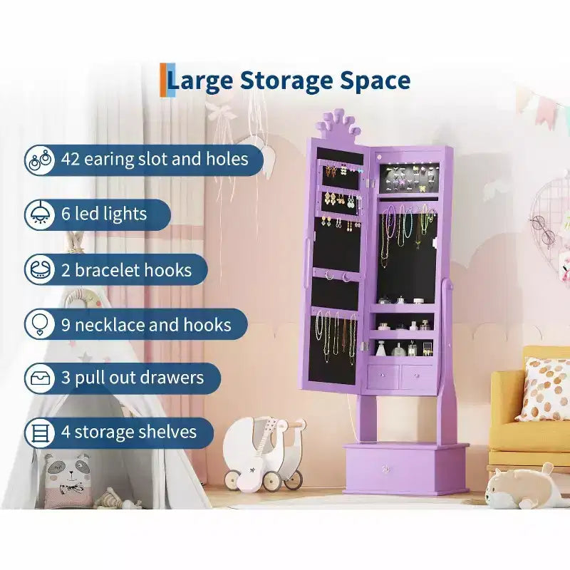 Meuble à bijoux pour enfants avec miroir pleine longueur à LED, coiffeuse de princesse autoportante avec tiroirs et organiseur à bijoux, armoire avec lumières pour les filles qui se déguisent