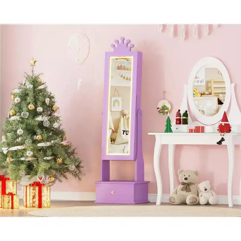 Meuble à bijoux pour enfants avec miroir pleine longueur à LED, coiffeuse de princesse autoportante avec tiroirs et organiseur à bijoux, armoire avec lumières pour les filles qui se déguisent