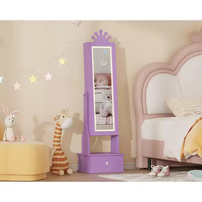 Meuble à bijoux pour enfants avec miroir pleine longueur à LED, coiffeuse de princesse autoportante avec tiroirs et organiseur à bijoux, armoire avec lumières pour les filles qui se déguisent