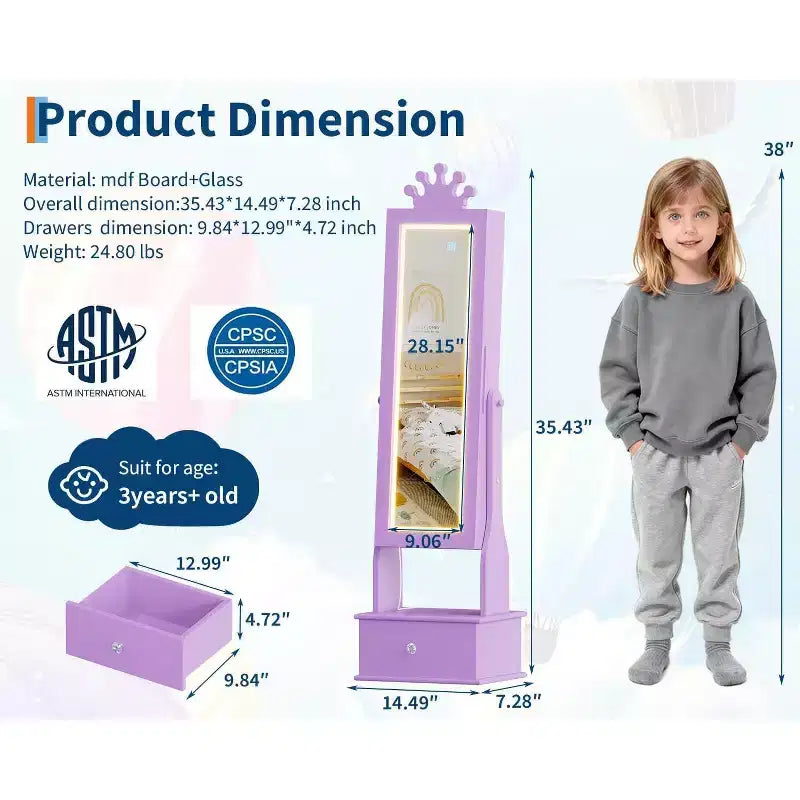 Meuble à bijoux pour enfants avec miroir pleine longueur à LED, coiffeuse de princesse autoportante avec tiroirs et organiseur à bijoux, armoire avec lumières pour les filles qui se déguisent