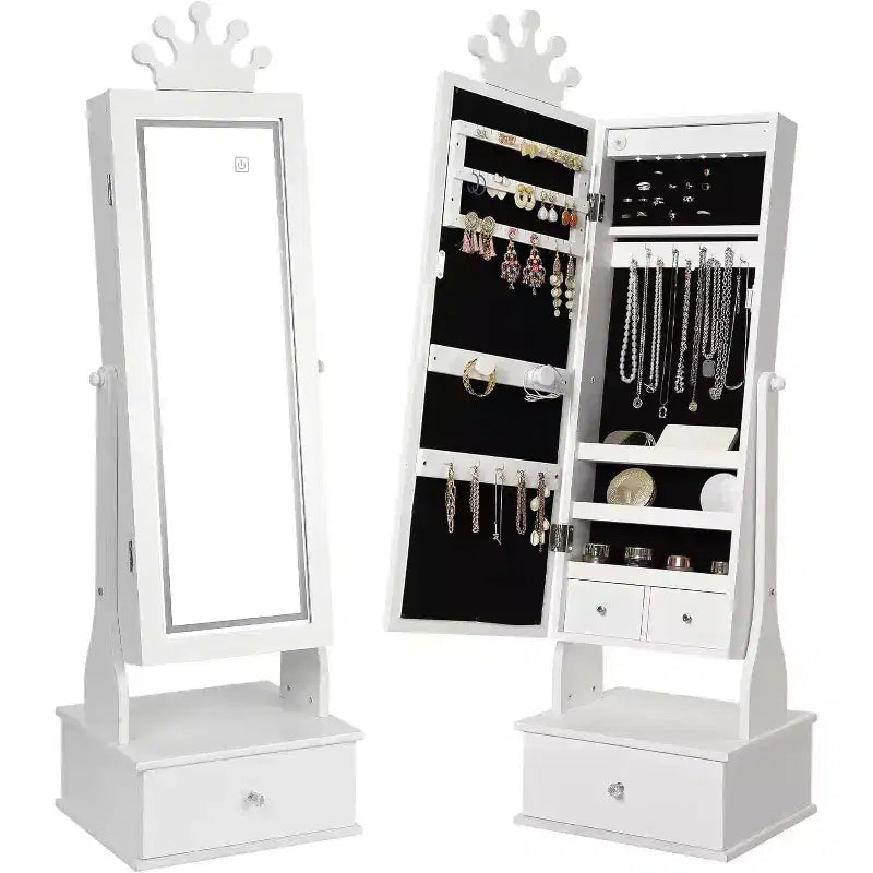 Meuble à bijoux pour enfants avec miroir pleine longueur à LED, coiffeuse de princesse autoportante avec tiroirs et organiseur à bijoux, armoire avec lumières pour les filles qui se déguisent