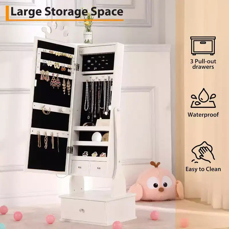 Meuble à bijoux pour enfants avec miroir pleine longueur à LED, coiffeuse de princesse autoportante avec tiroirs et organiseur à bijoux, armoire avec lumières pour les filles qui se déguisent
