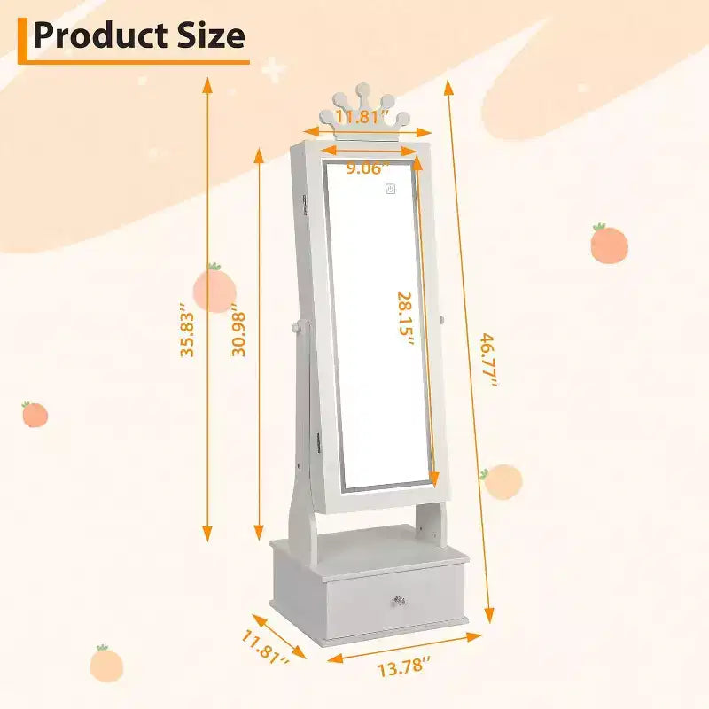 Meuble à bijoux pour enfants avec miroir pleine longueur à LED, coiffeuse de princesse autoportante avec tiroirs et organiseur à bijoux, armoire avec lumières pour les filles qui se déguisent