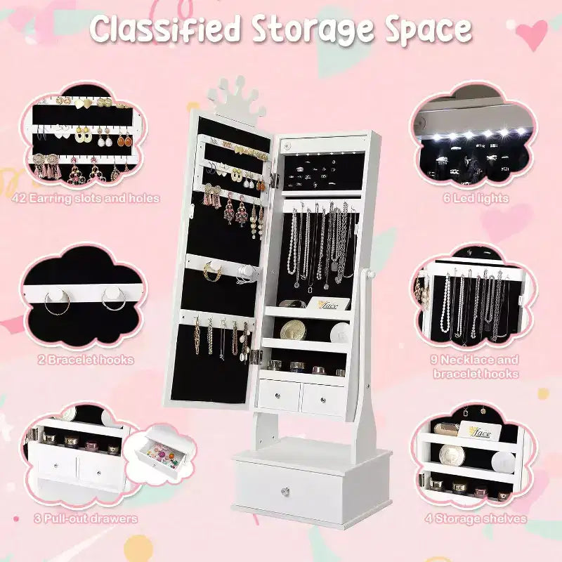 Meuble à bijoux pour enfants avec miroir pleine longueur à LED, coiffeuse de princesse autoportante avec tiroirs et organiseur à bijoux, armoire avec lumières pour les filles qui se déguisent