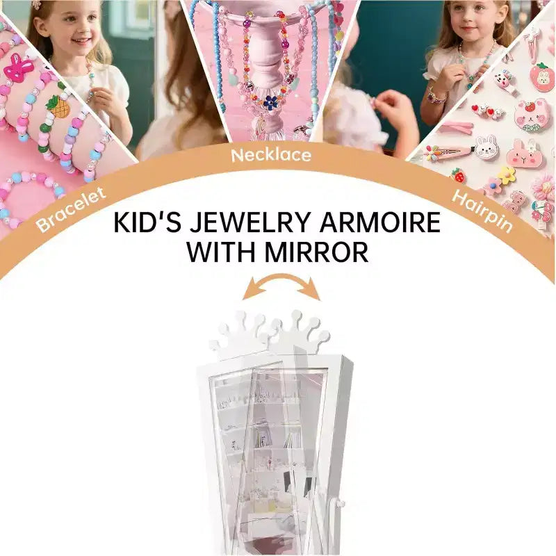 Meuble à bijoux pour enfants avec miroir pleine longueur à LED, coiffeuse de princesse autoportante avec tiroirs et organiseur à bijoux, armoire avec lumières pour les filles qui se déguisent