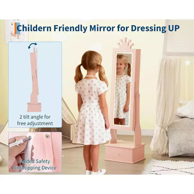 Meuble à bijoux pour enfants avec miroir pleine longueur à LED, coiffeuse de princesse autoportante avec tiroirs et organiseur à bijoux, armoire avec lumières pour les filles qui se déguisent